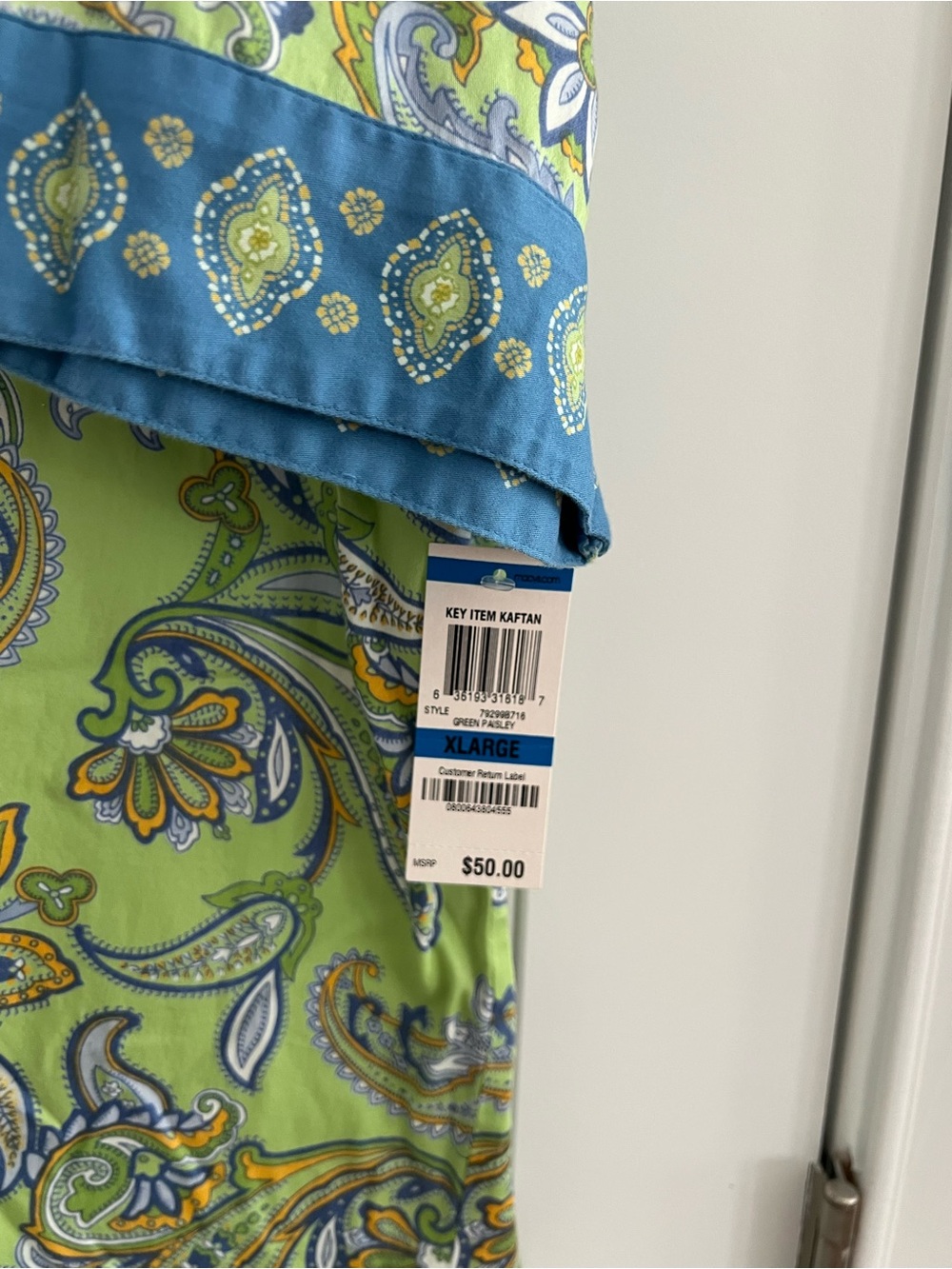 Charter Club Lime Green Paisley Maxi Dress with Blue Trim - Picture 2 of 4